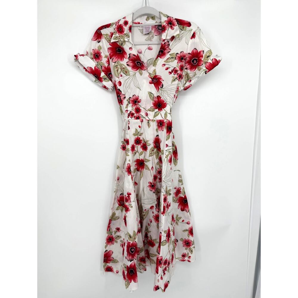 Vintage Womens Floral Wrap Style Dress L Red Flower Cottagecore Tea 50s Retro